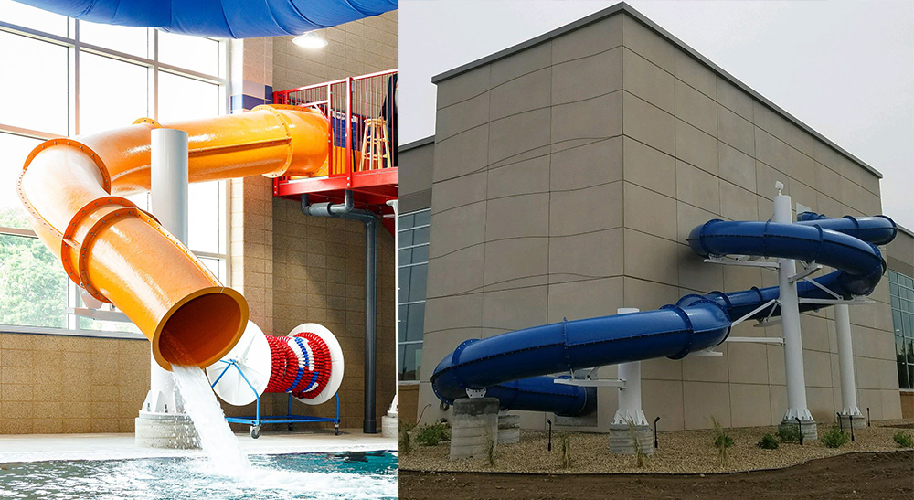 Water slide plunge zone and another, longer water slide that takes bathers on an exciting ride outside the building